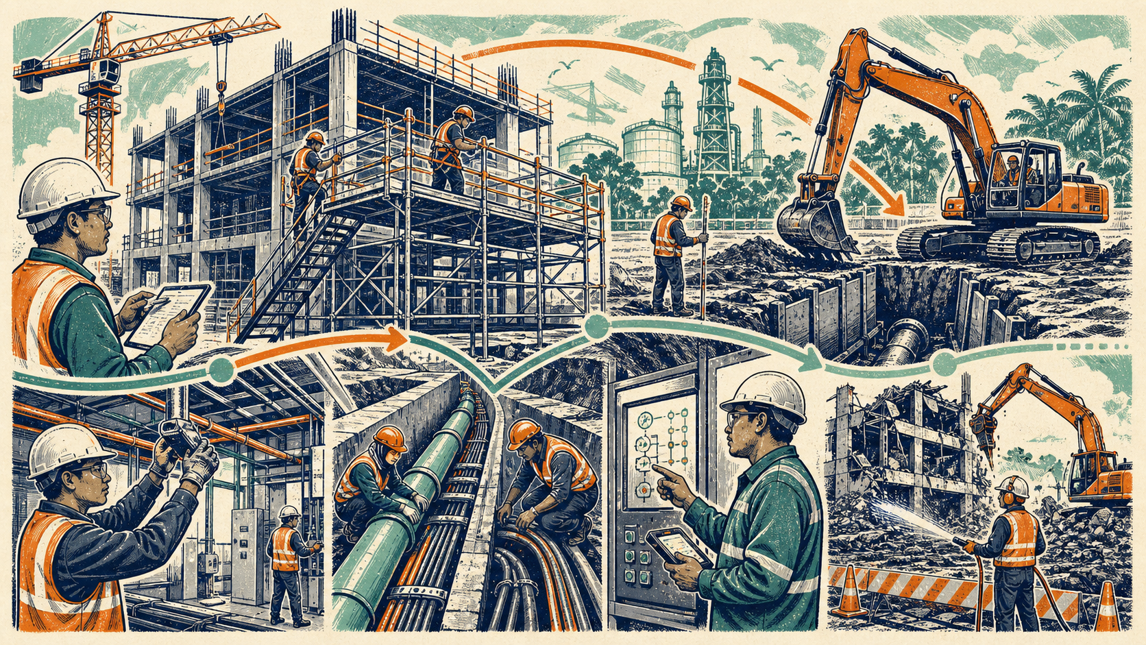 Ilustrasi linokut kerja kekal, perancah, pengorekan, pemasangan servis dan perobohan