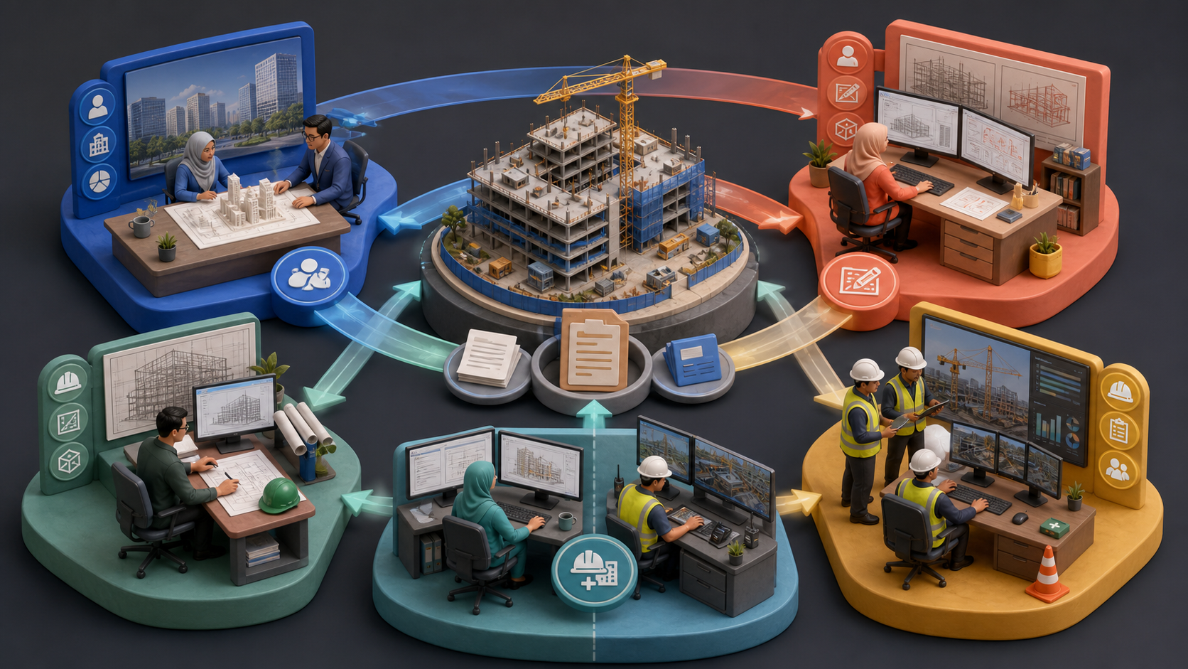 Diorama isometrik memetakan klien, pereka bentuk dan kontraktor dalam projek CDM