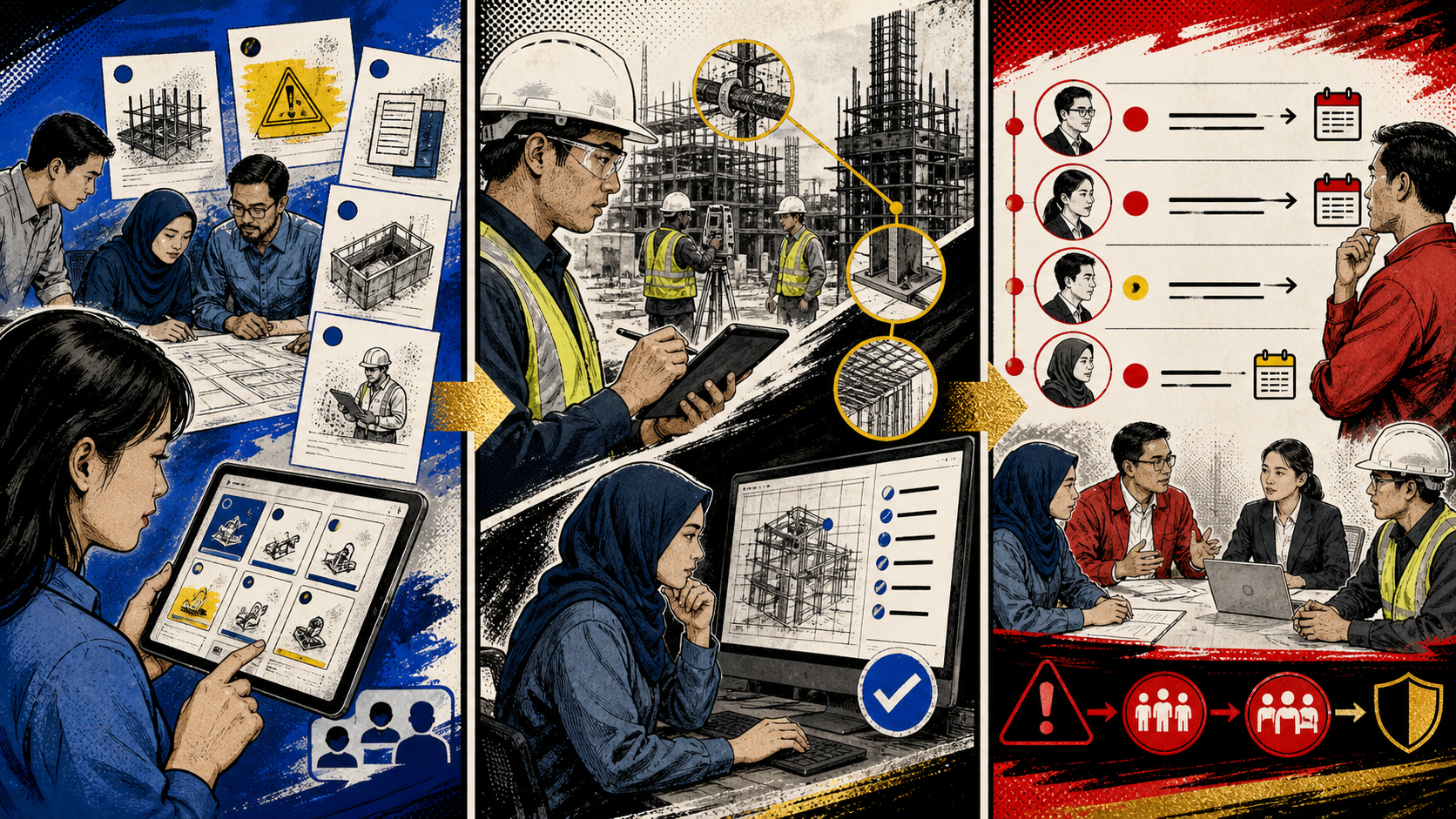 Triptych novel grafik menunjukkan bukti, dapatan, eskalasi dan verifikasi pematuhan