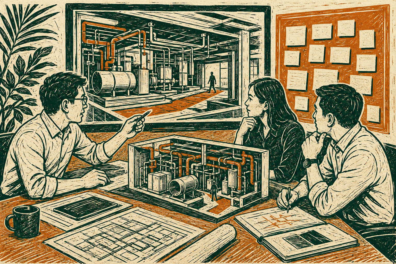 Ilustrasi cetakan linocut pasukan reka bentuk membincangkan model bilik loji dan akses penyenggaraan; bukan lukisan pembinaan