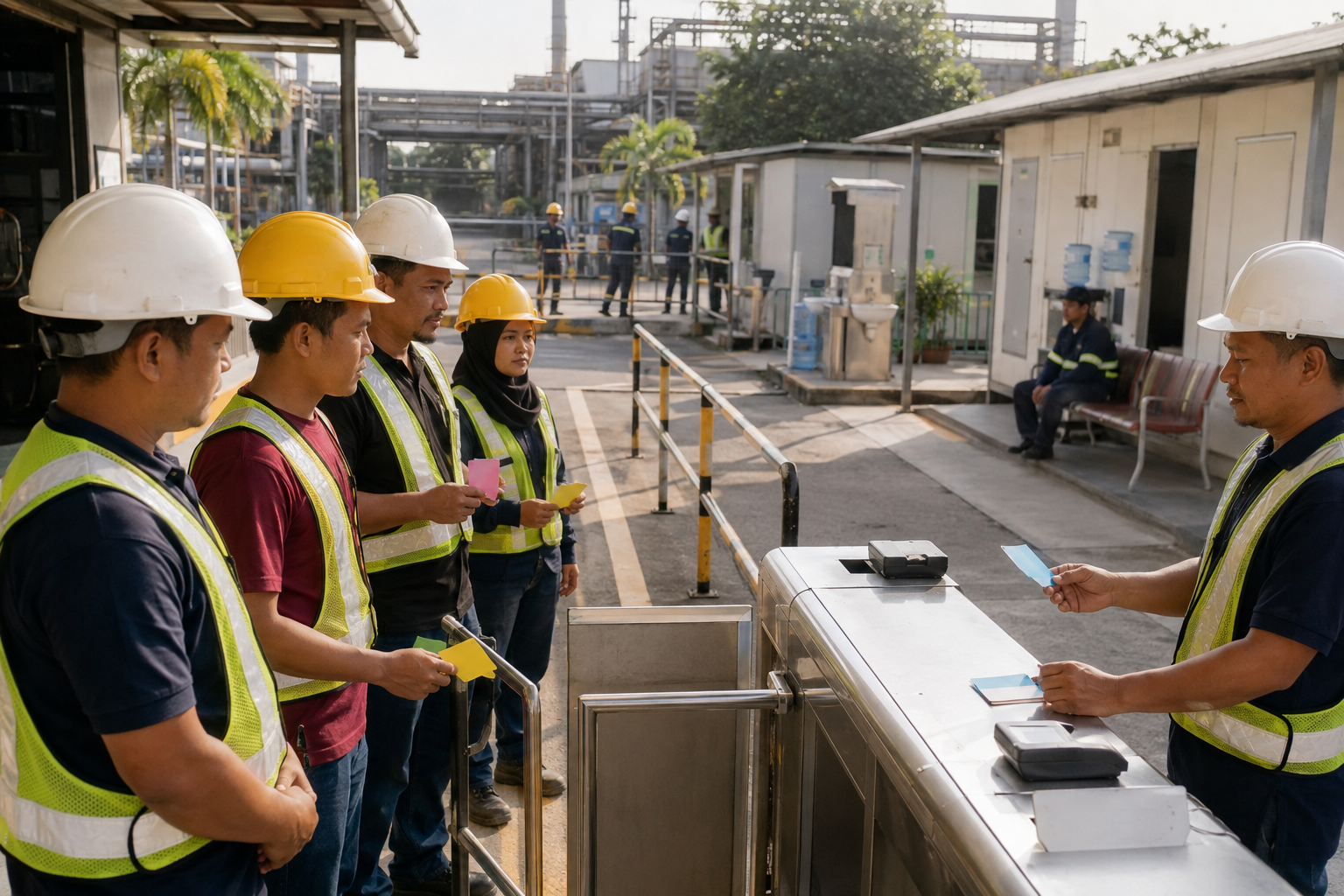 Pasukan pembinaan Malaysia menjalani induksi dan semakan pas di pintu masuk kilang dengan laluan terasing serta kemudahan kebajikan