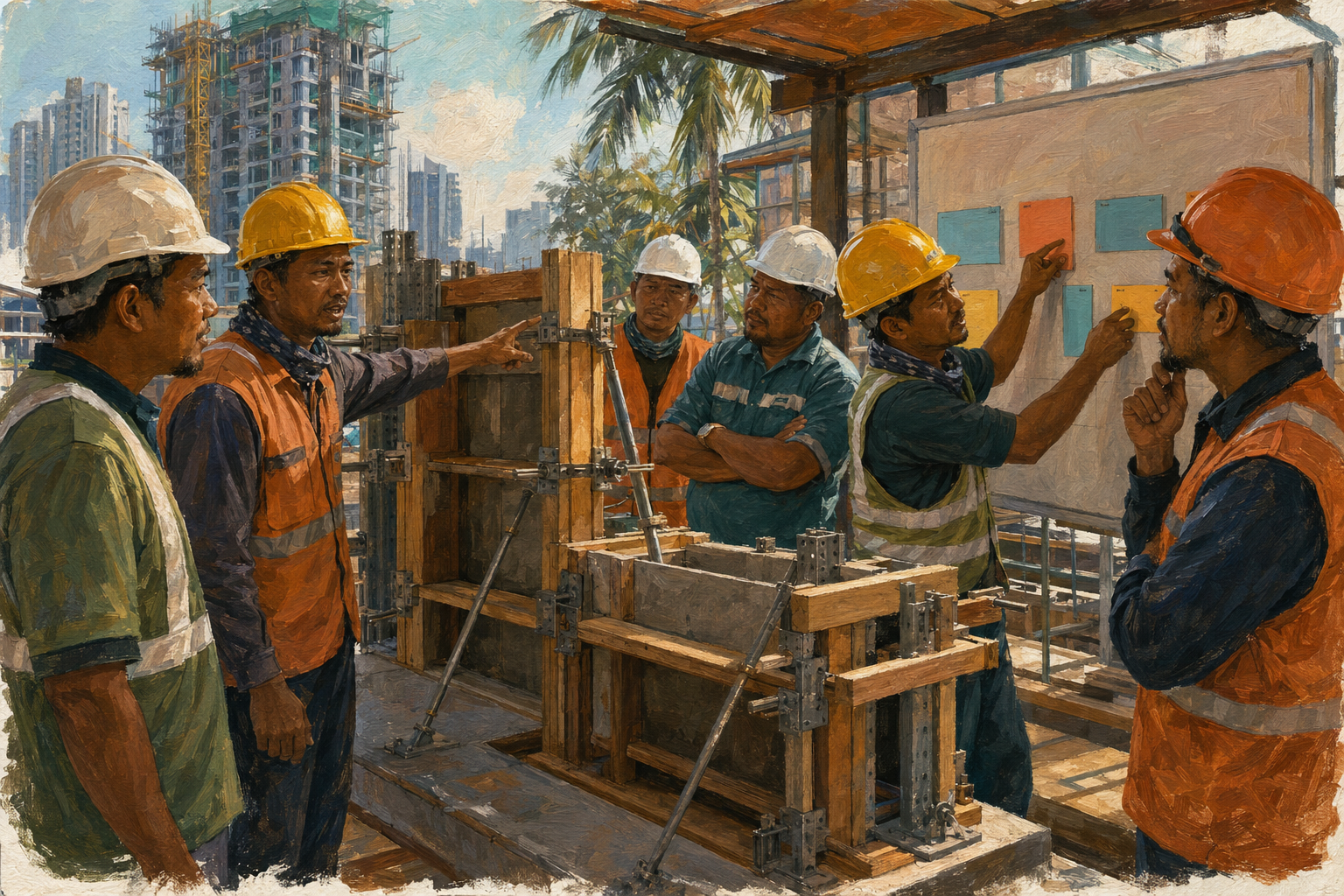 Pekerja pembinaan Malaysia berbincang dan menguji urutan kerja pada model acuan sebelum keputusan dibuat