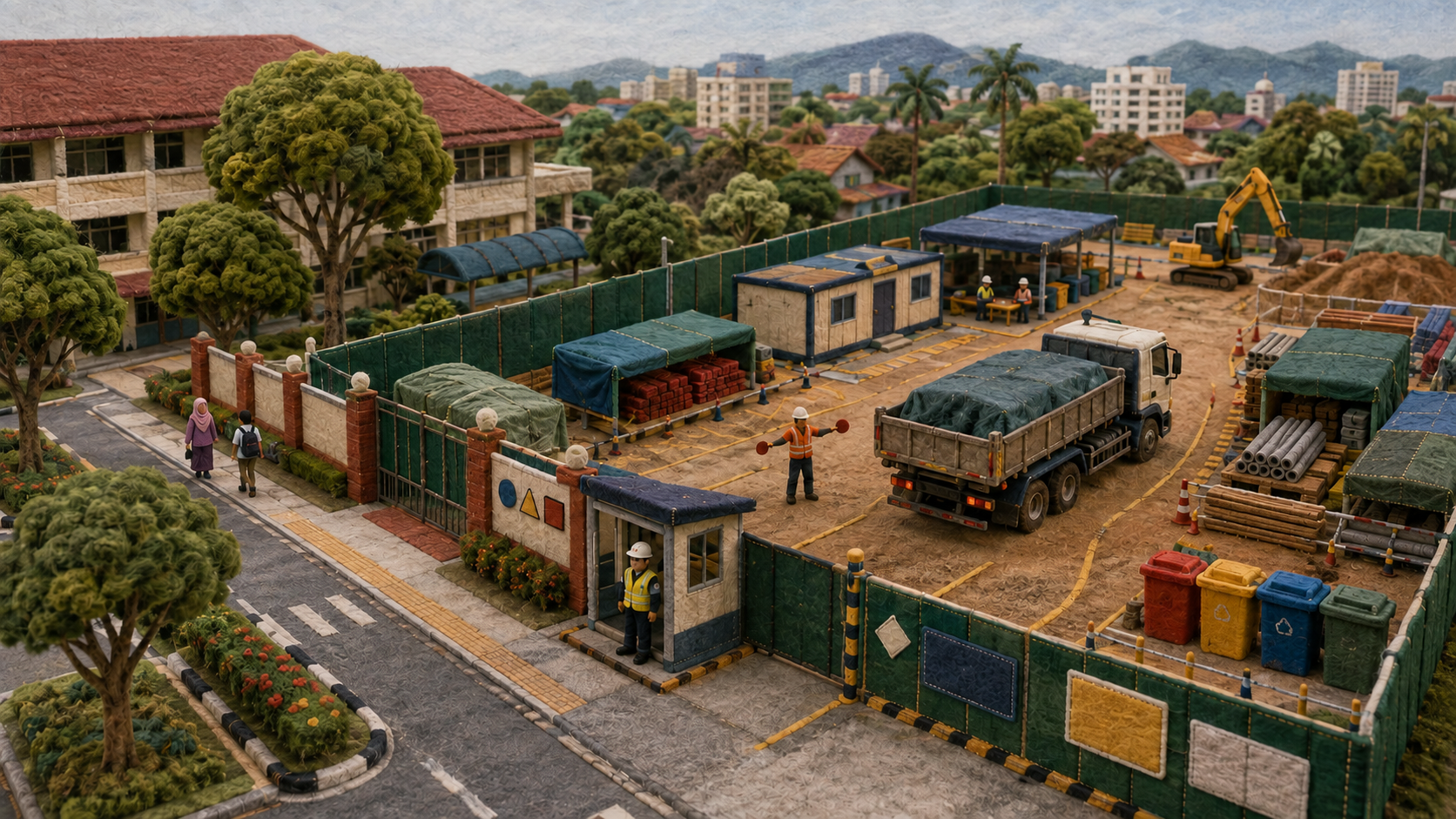Diorama felt tapak pembinaan Malaysia yang teratur dan berpagar di sebelah sekolah