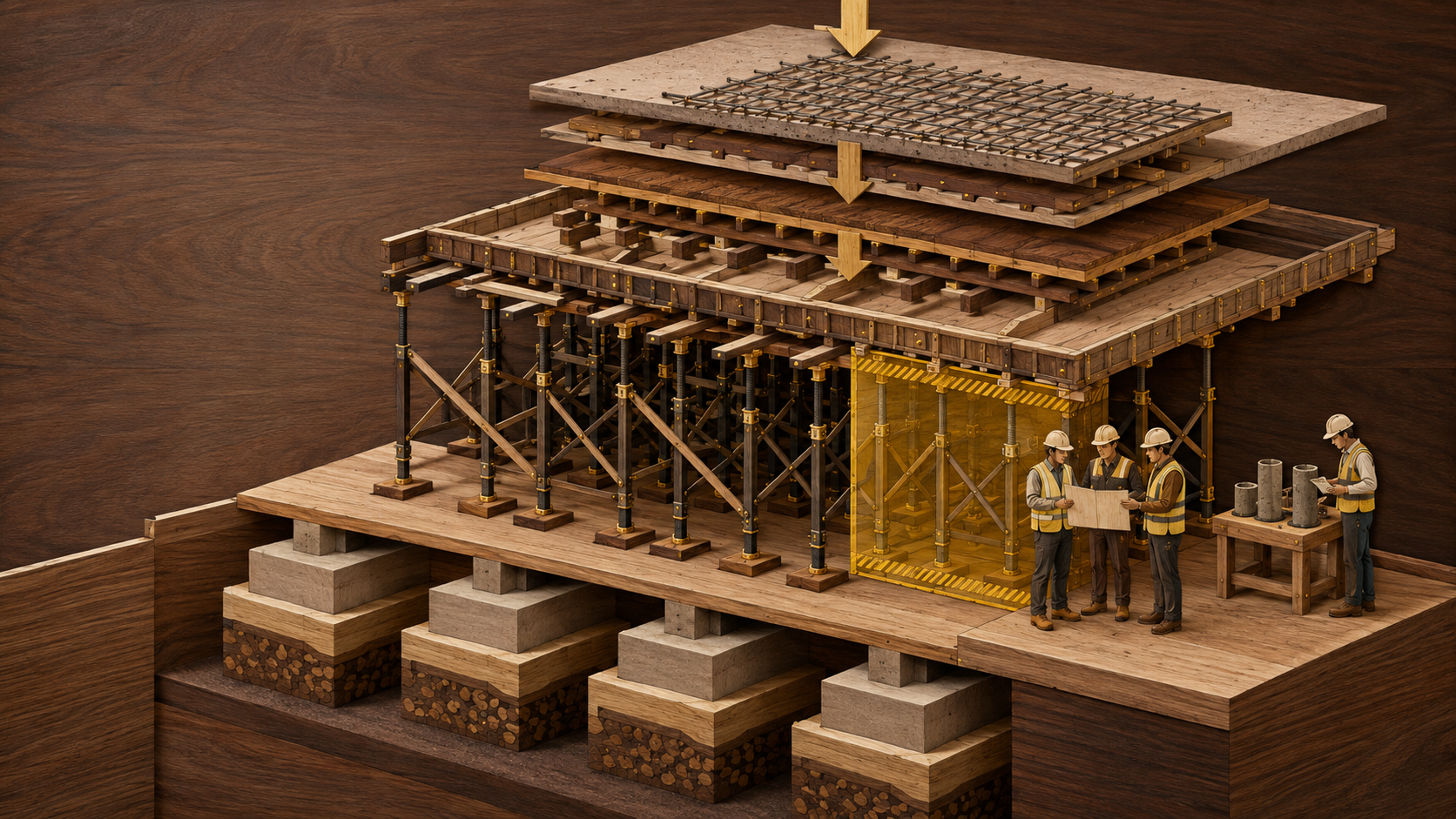 Model marquetry struktur konkrit dengan prop, bracing dan laluan beban