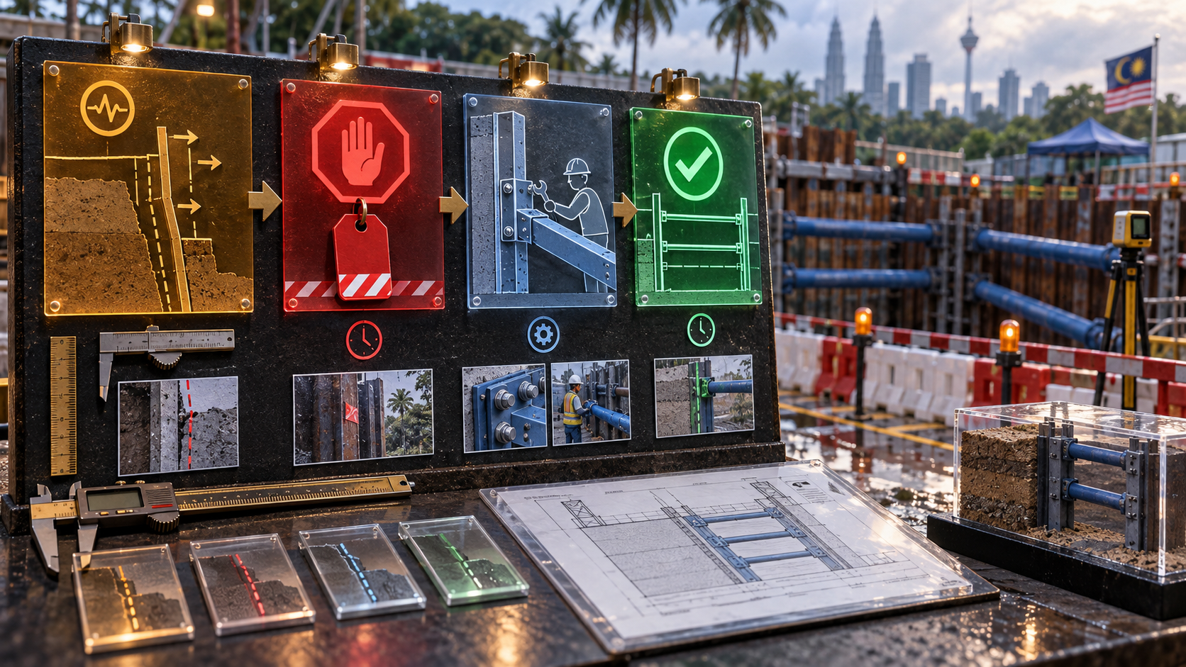 Diorama inspection board showing defect, stop, repair and release