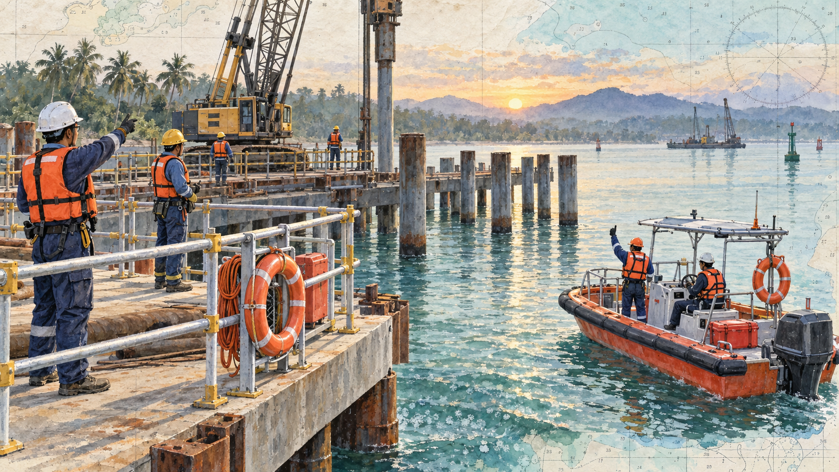 Gouache illustration of a Malaysian jetty with guardrails, lifebuoy and rescue boat ready
