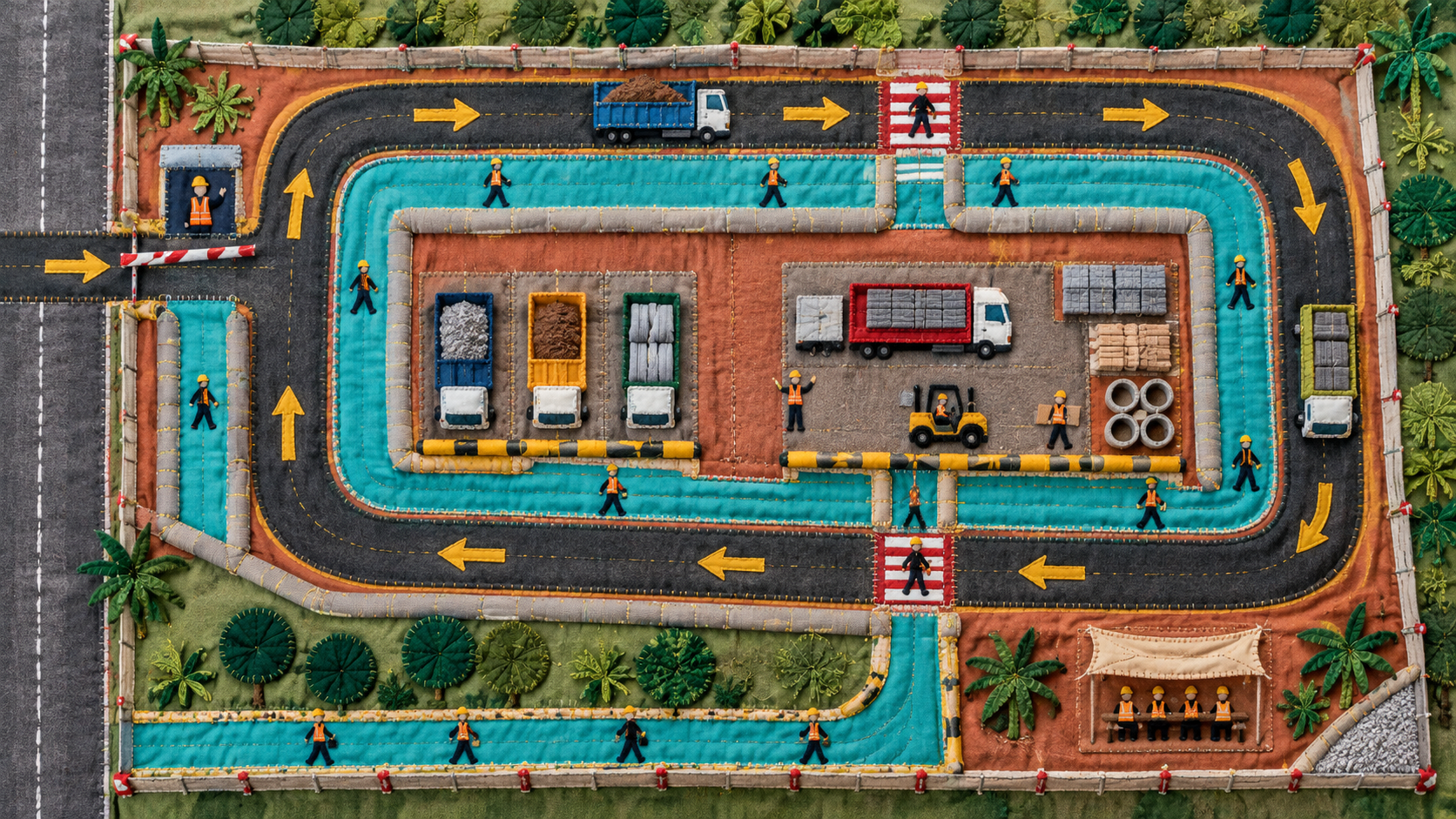 Textile-quilt plan showing a one-way traffic loop and protected pedestrian routes
