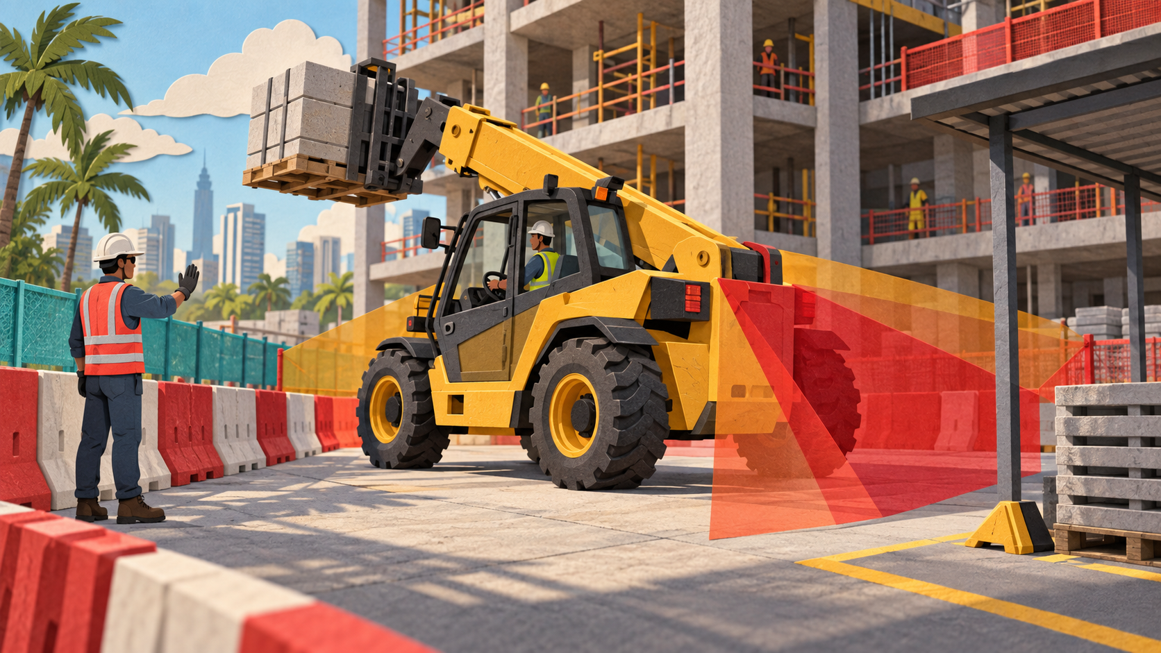 Paper-cut illustration of a telehandler with blind zones and a banksman in a protected position