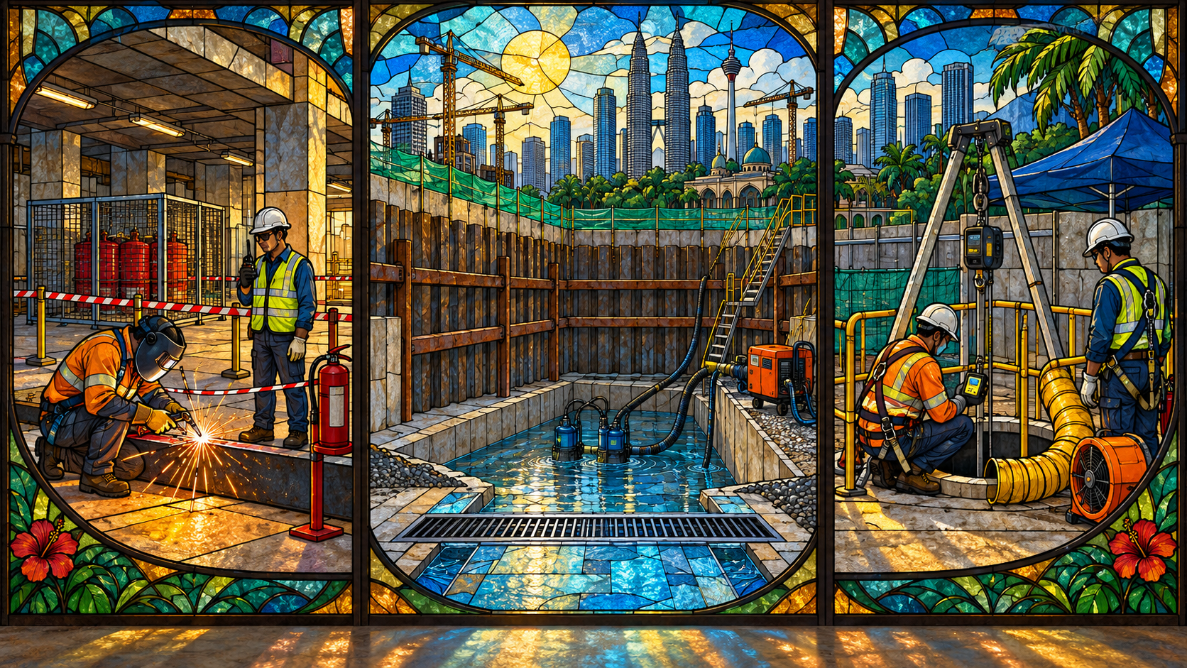 Stained-glass triptych showing fire, flooding and confined-space controls
