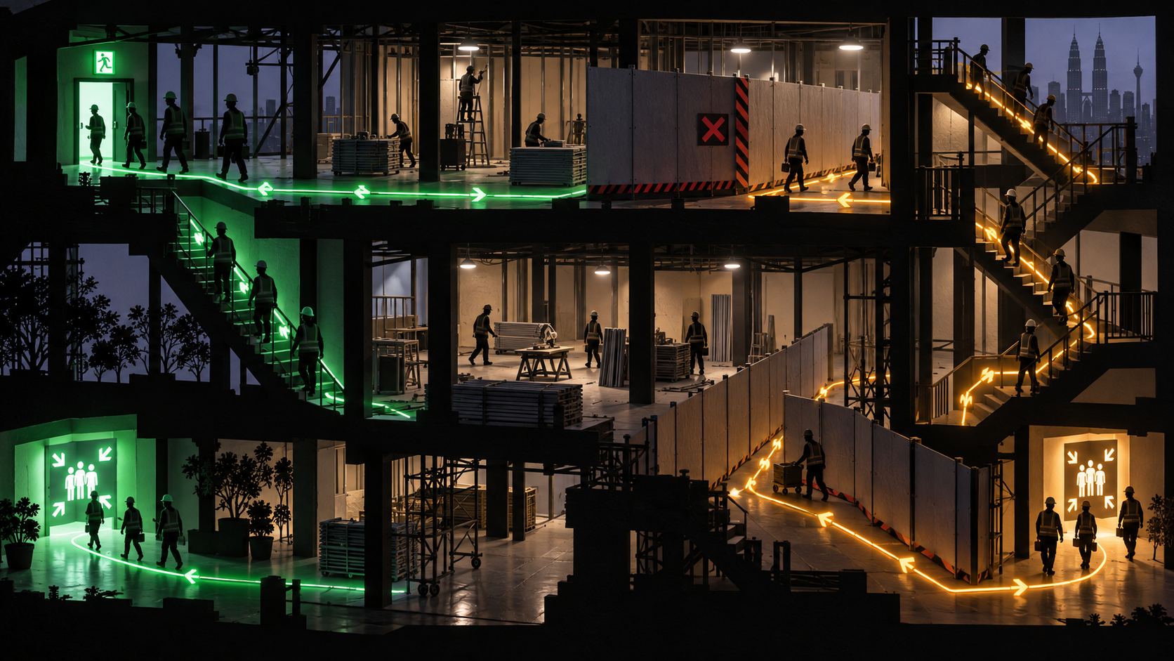 Kirigami construction interior with two independent emergency routes leading to safe areas