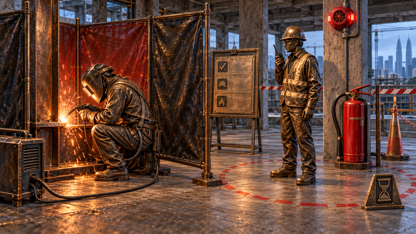 Hammered-copper relief showing controlled hot work, a fire watch, alarm and accessible extinguisher