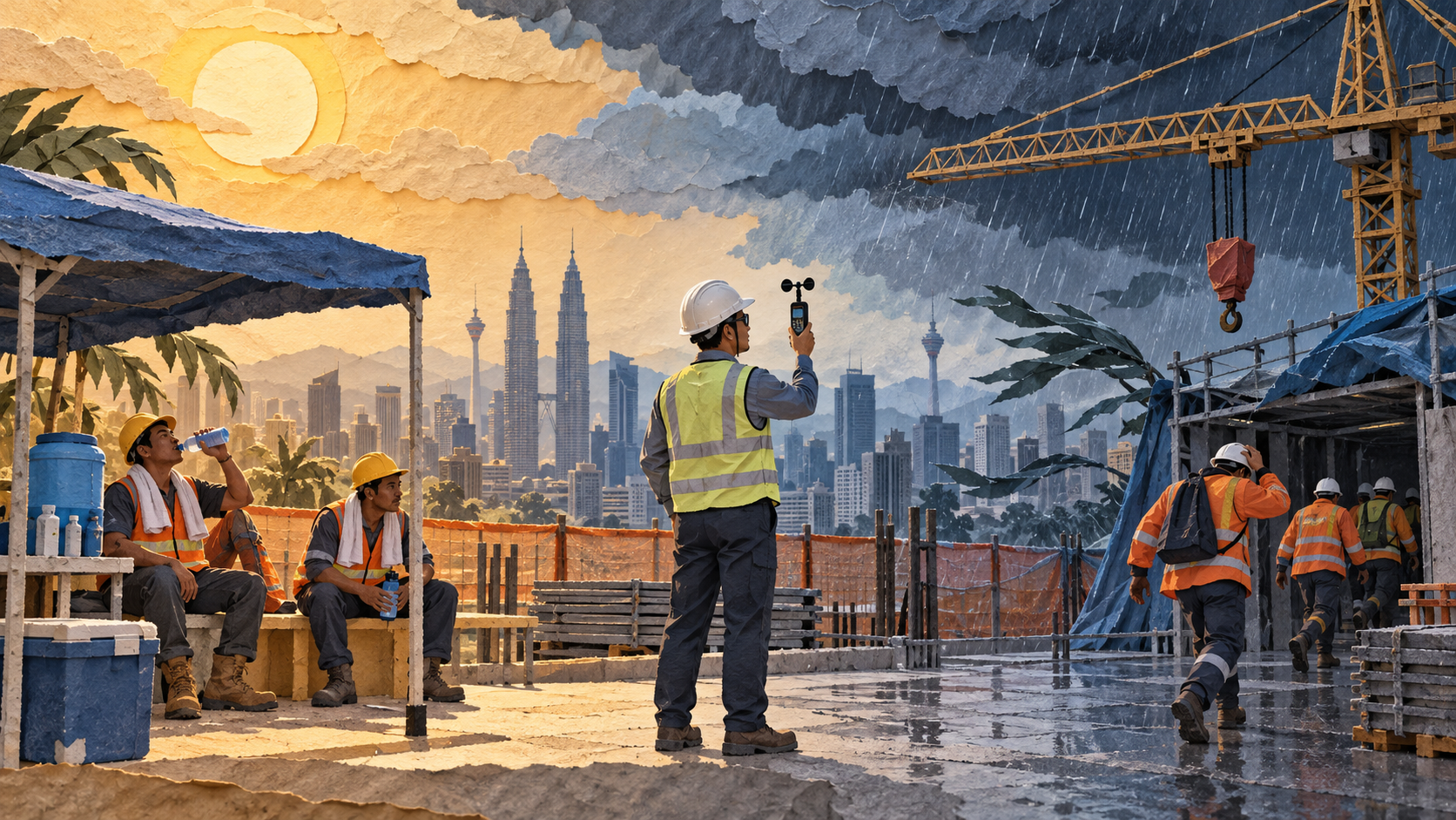 Layered paper theatre showing heat rest, weather monitoring and a crane operation stopped during monsoon conditions
