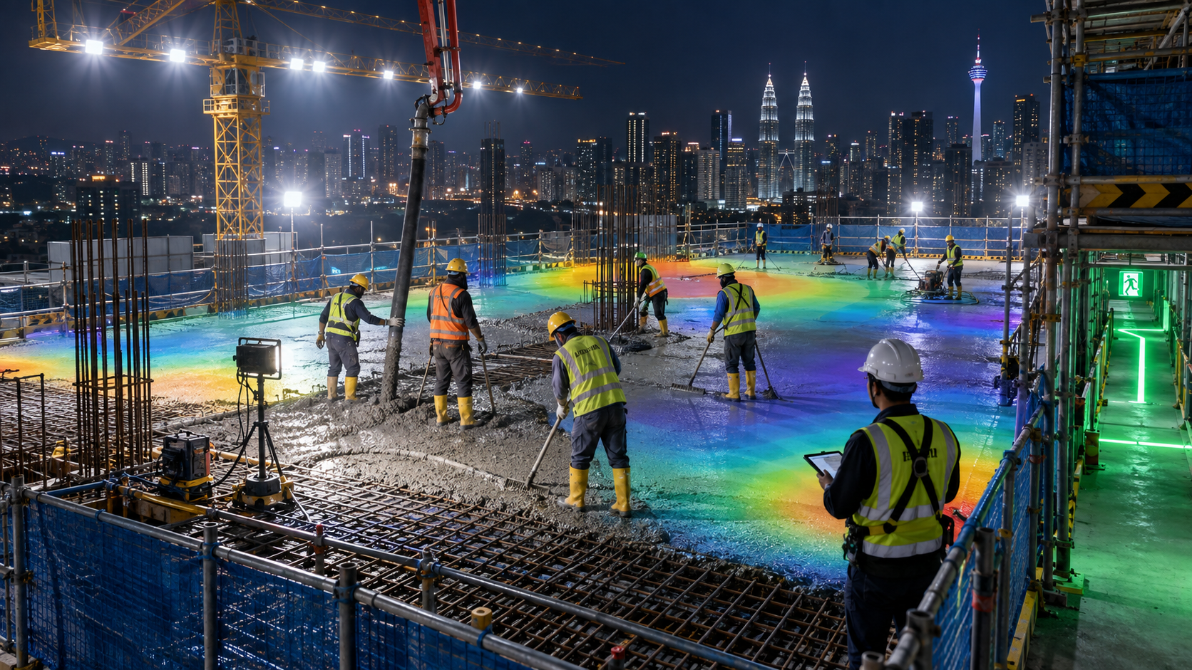 Night photograph with illumination heat map showing a concrete pour, task lights and an emergency route