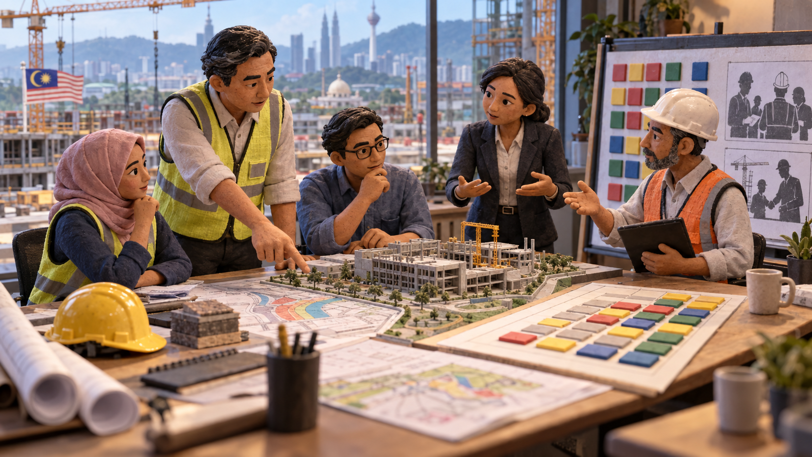 Claymation diorama of a duty-holder and assistants reviewing a capability-gap matrix