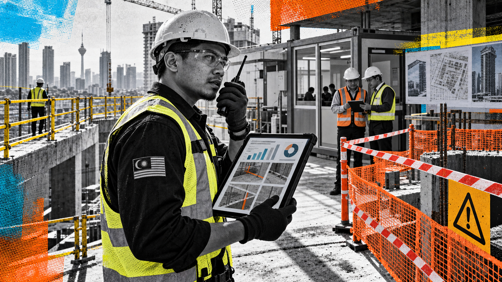 Screenprint documentary portrait of an SSS inspecting and escalating an edge-protection defect