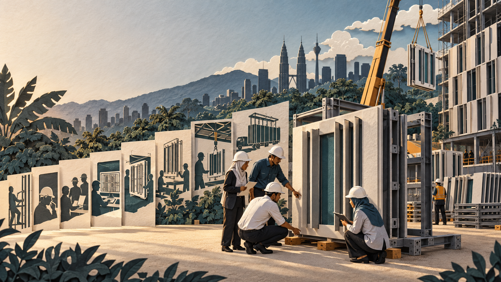 Kirie diorama of a Malaysian design team planning ground-level facade prefabrication