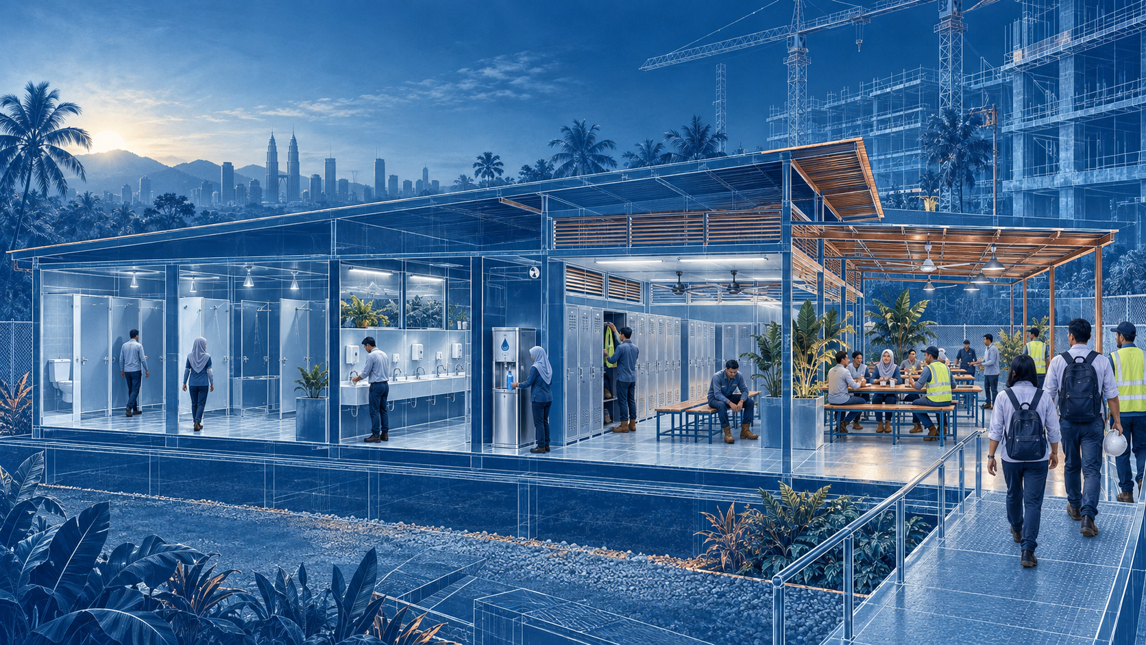 Cyanotype cutaway of a complete Malaysian site welfare compound ready before the first shift