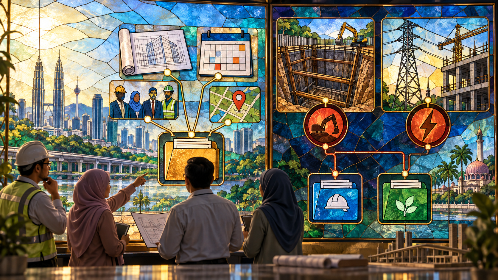 Stained-glass relief of notification data, deep excavation and a high-voltage interface