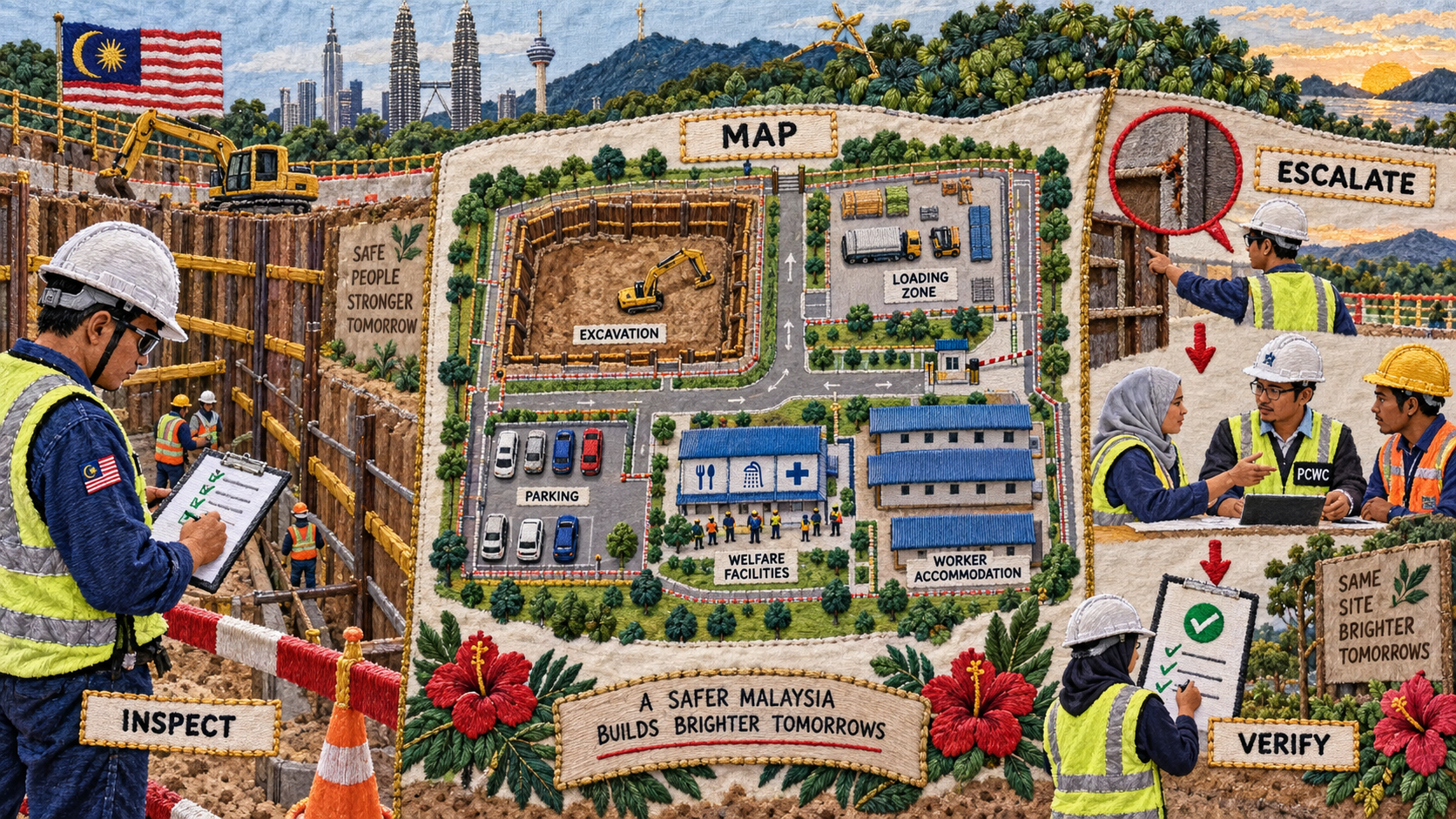 Malaysian embroidered panorama of excavation inspection, site mapping, escalation and verification