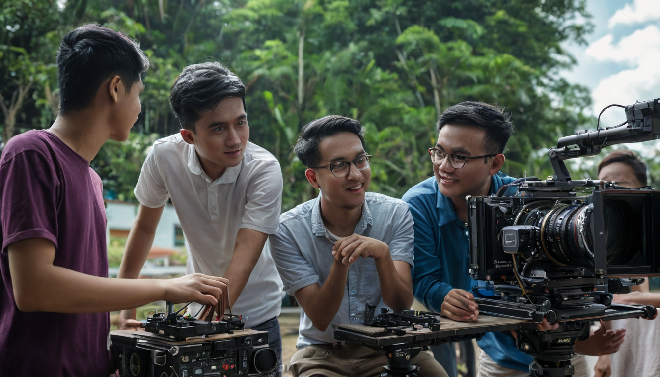 Students and professionals working together on a film set