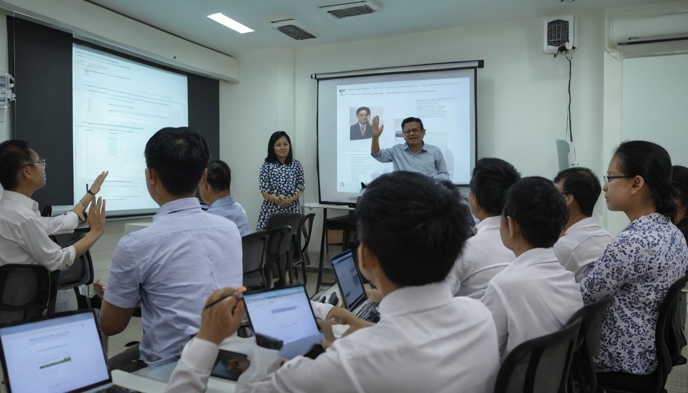 Professionals participating in an online training program