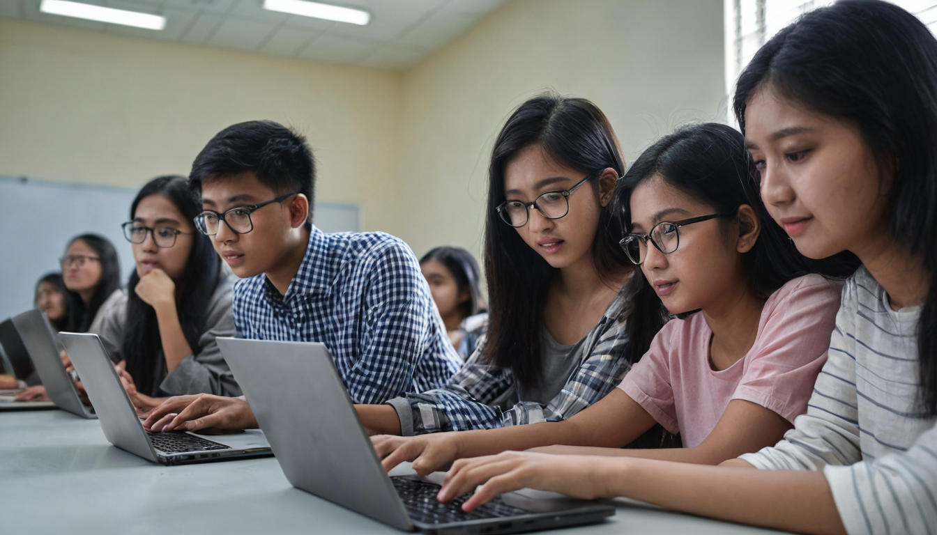 Students engaging with AI technology in a classroom