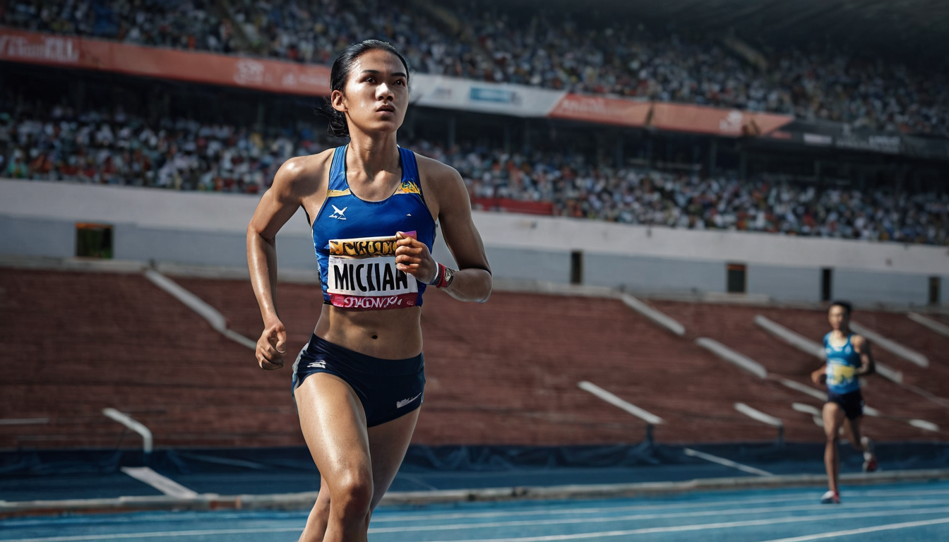 Athlete reflecting on competition with symbols of growth