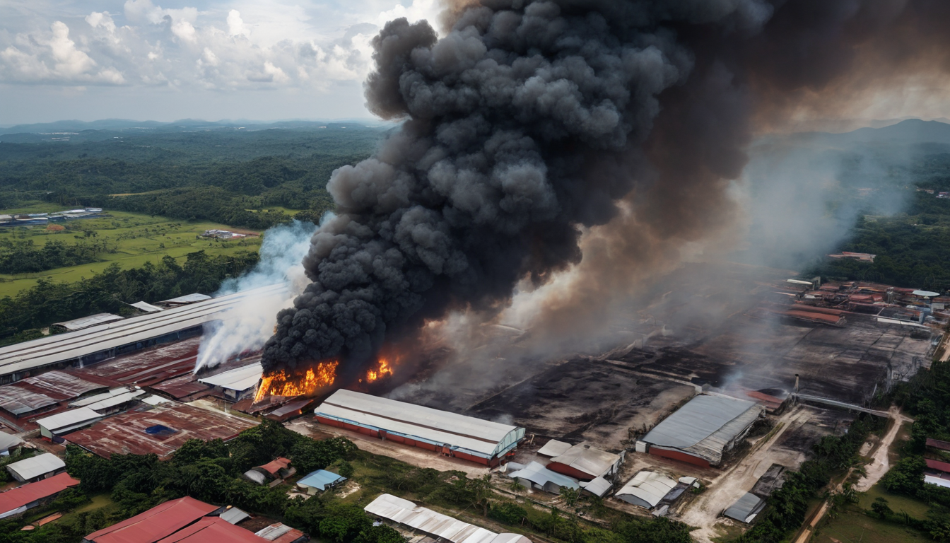 Firefighters battling flames at a factory complex