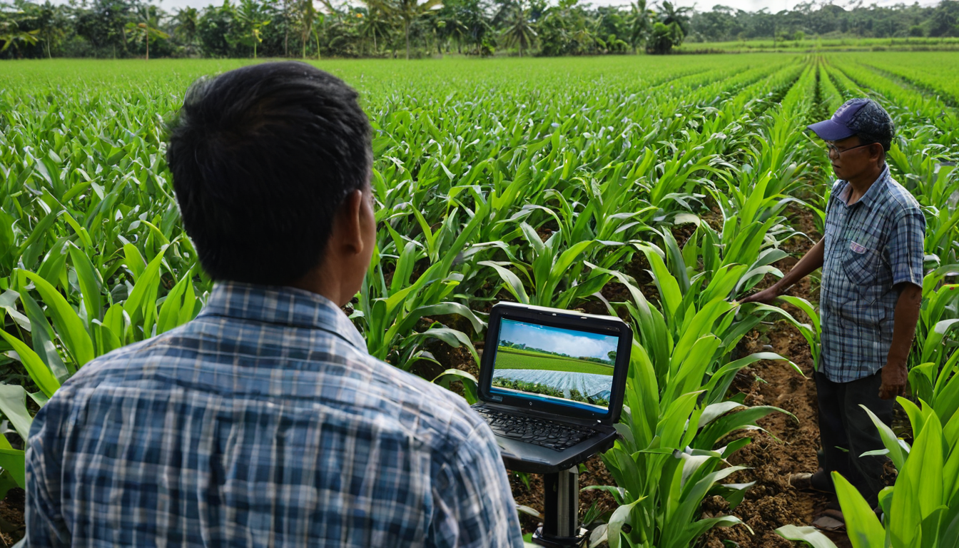 Farmer applying precision fertilizers in a rice paddy