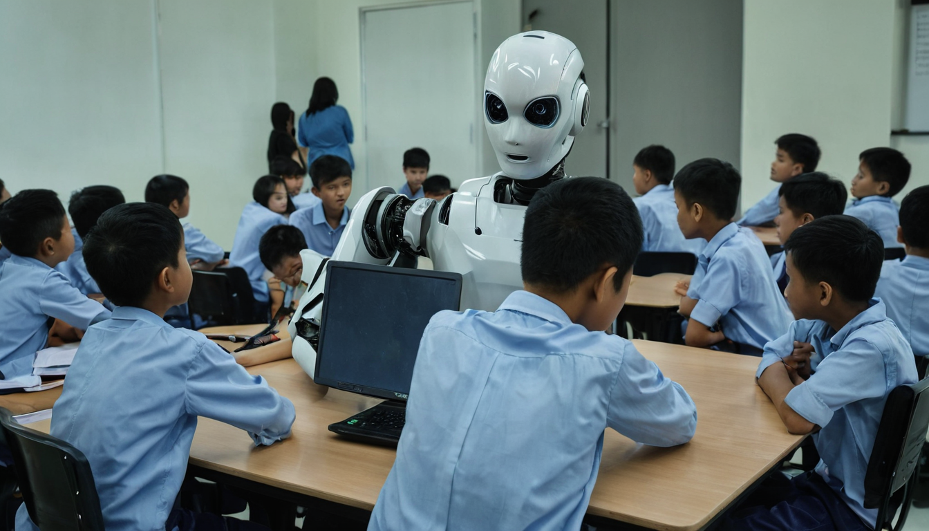 Students interacting with AI technology in a classroom