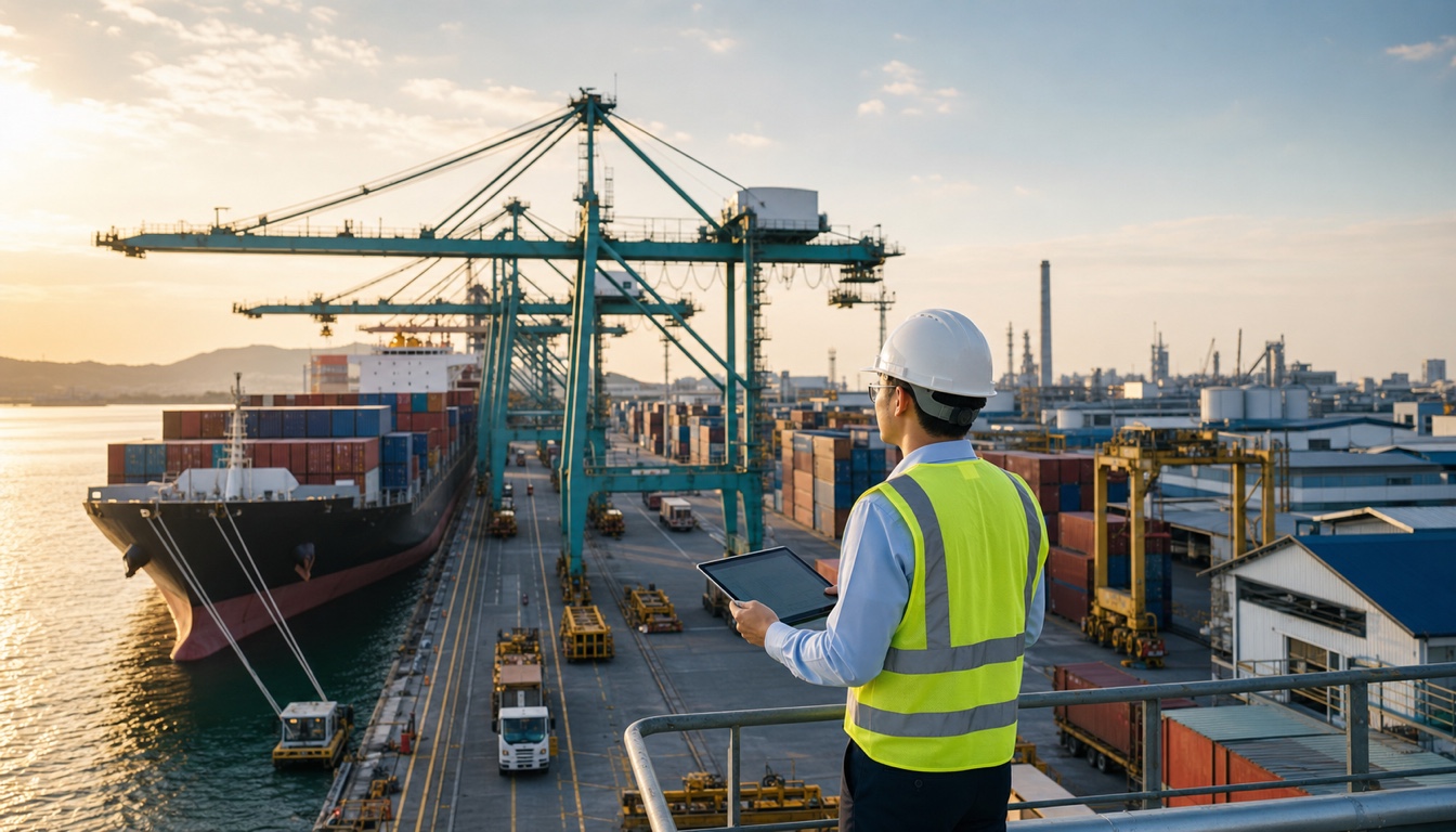 Logistics professional overlooking a Malaysian container port and cargo vessel