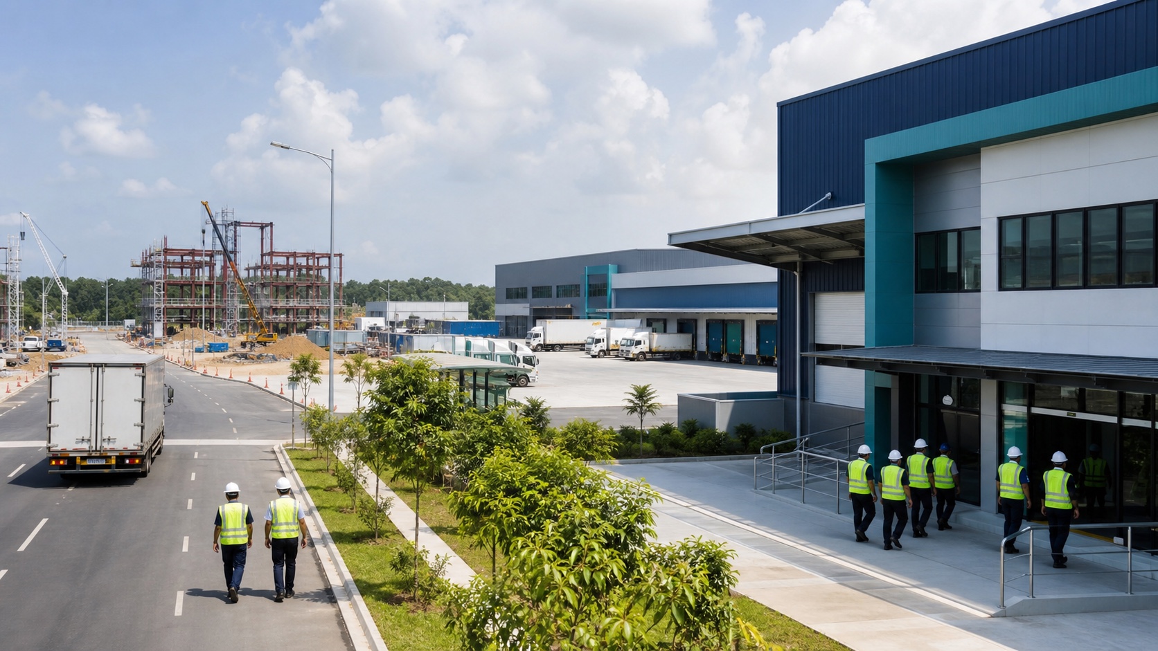 Workers entering a modern Malaysian industrial park with factories and construction activity