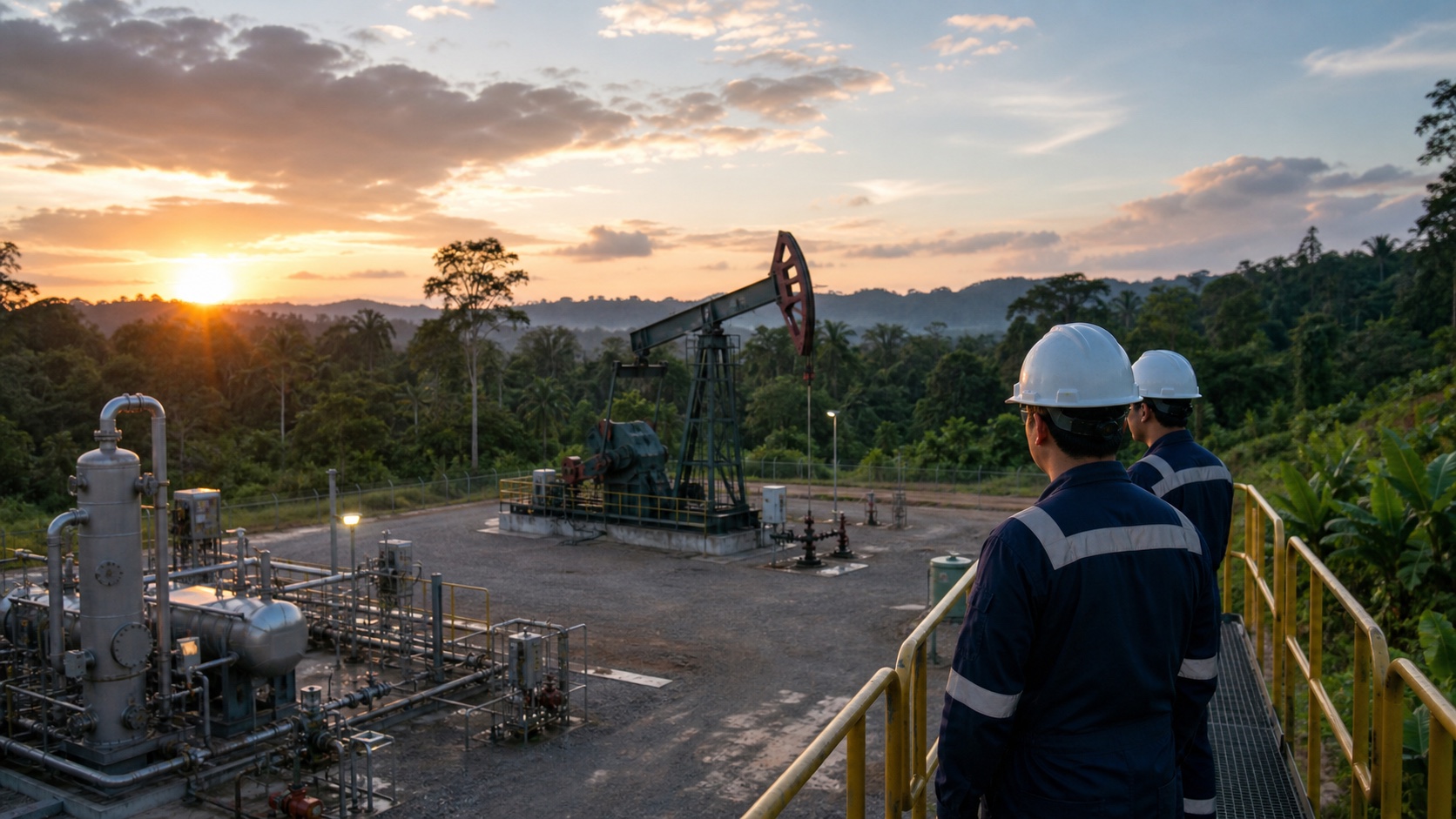 Field workers inspecting a safe onshore oil well site in rural Sarawak at dawn