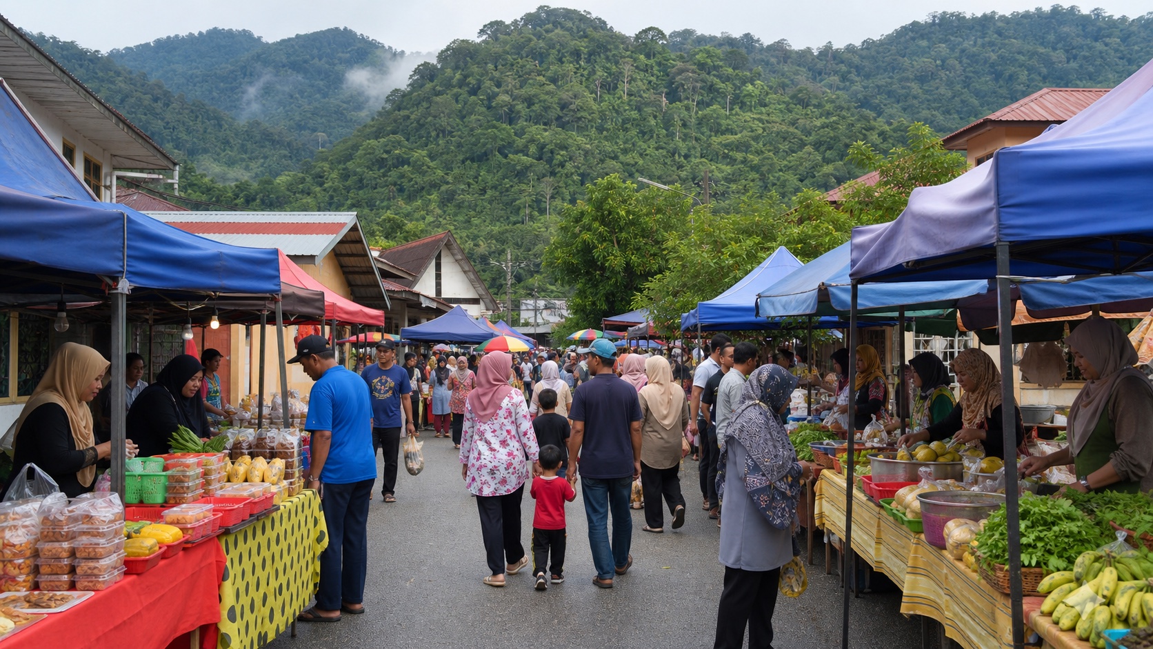 Families and small businesses at a local market surrounded by the green hills of Baling