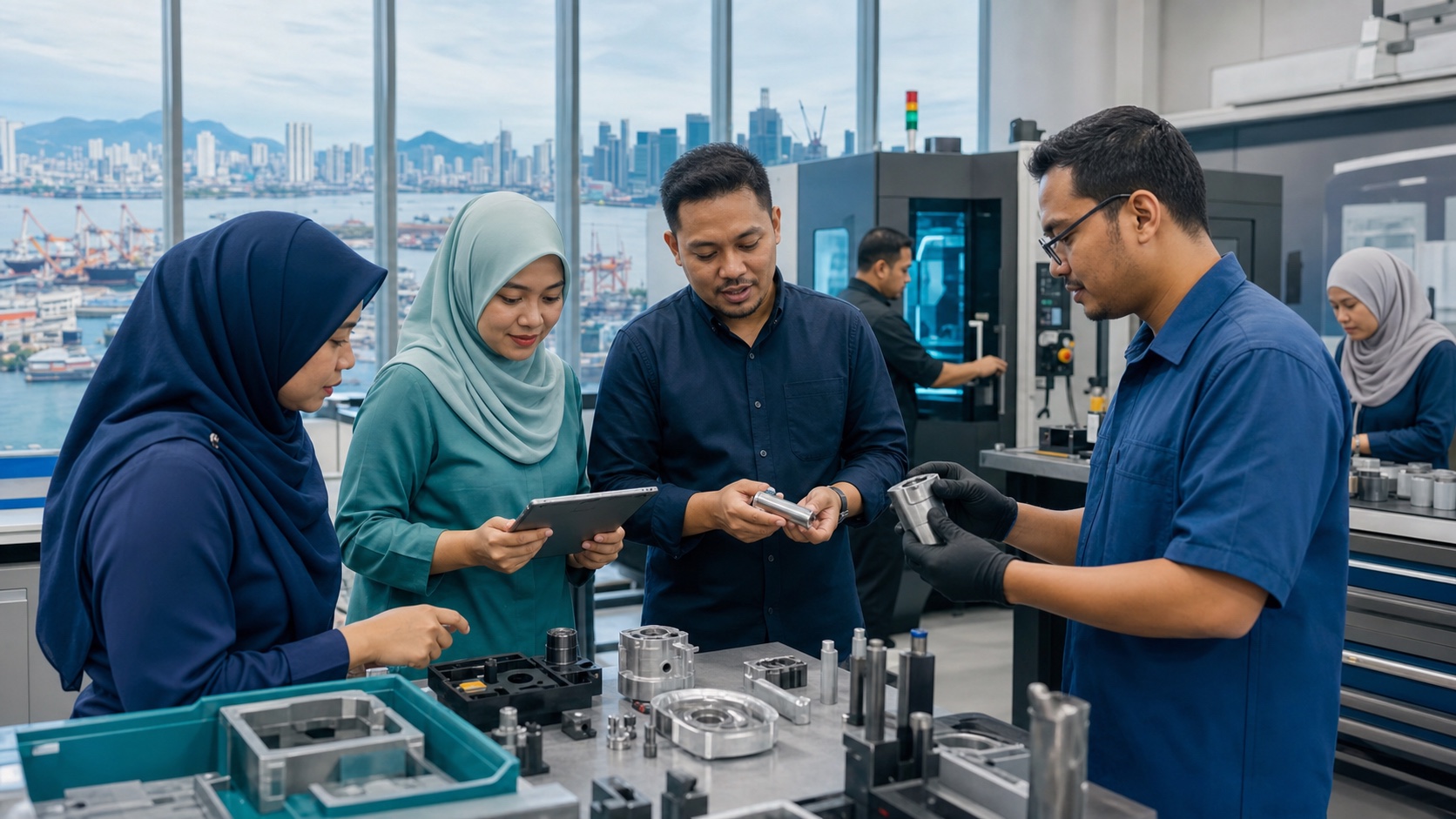 Malay entrepreneurs and technical professionals reviewing precision products in a Penang innovation hub