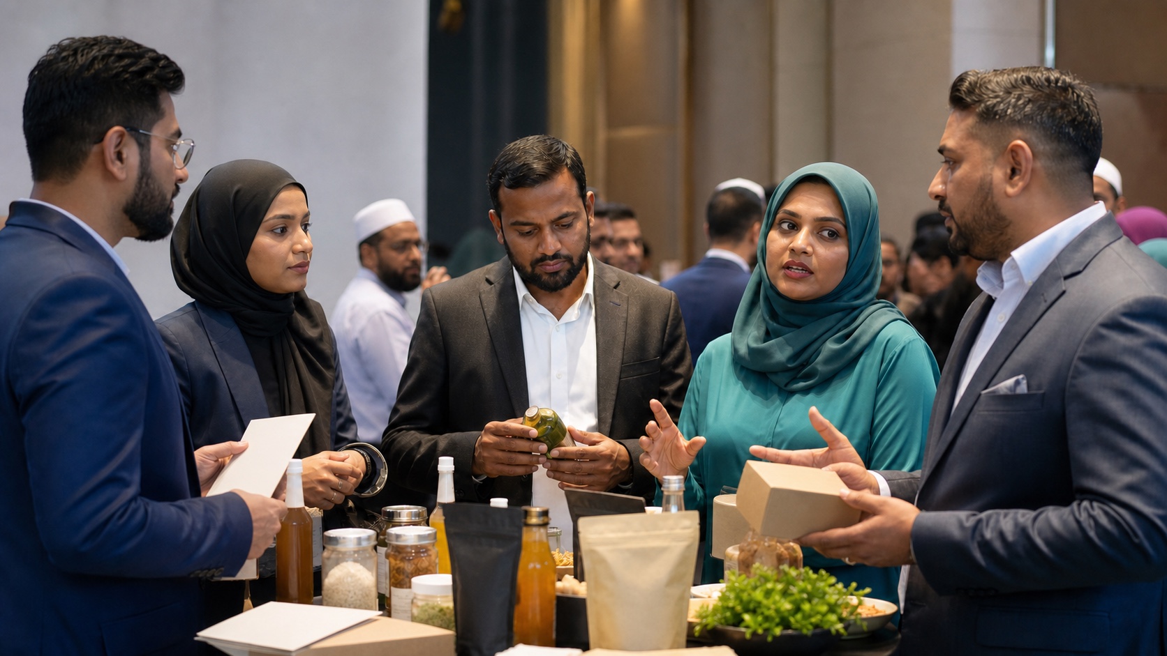 Indian Muslim entrepreneurs discussing halal SME products and international trade at a business forum
