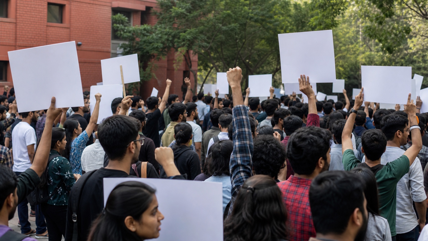 Indian university students at a peaceful education protest holding blank placards