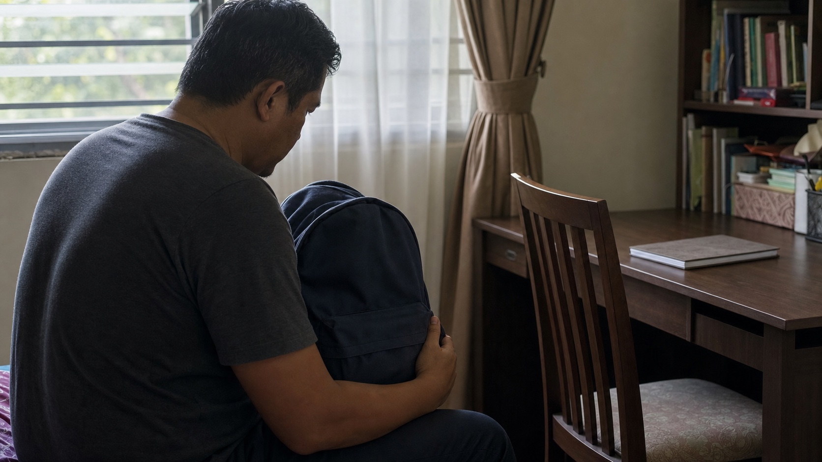 A Malaysian father holding a child’s school backpack beside an empty study desk