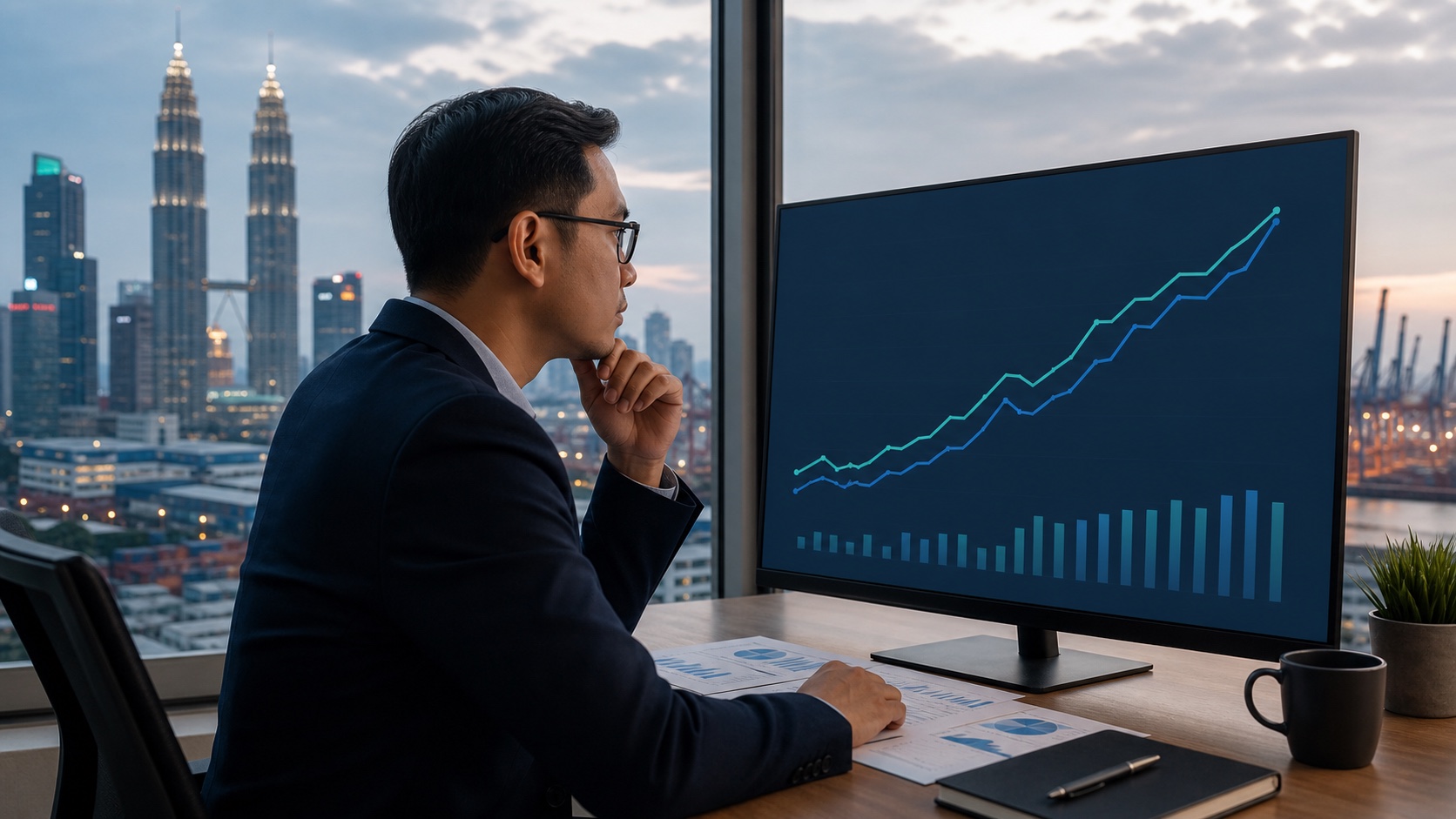 Malaysian analyst studying an unlabeled upward economic trend chart with Kuala Lumpur and port activity behind