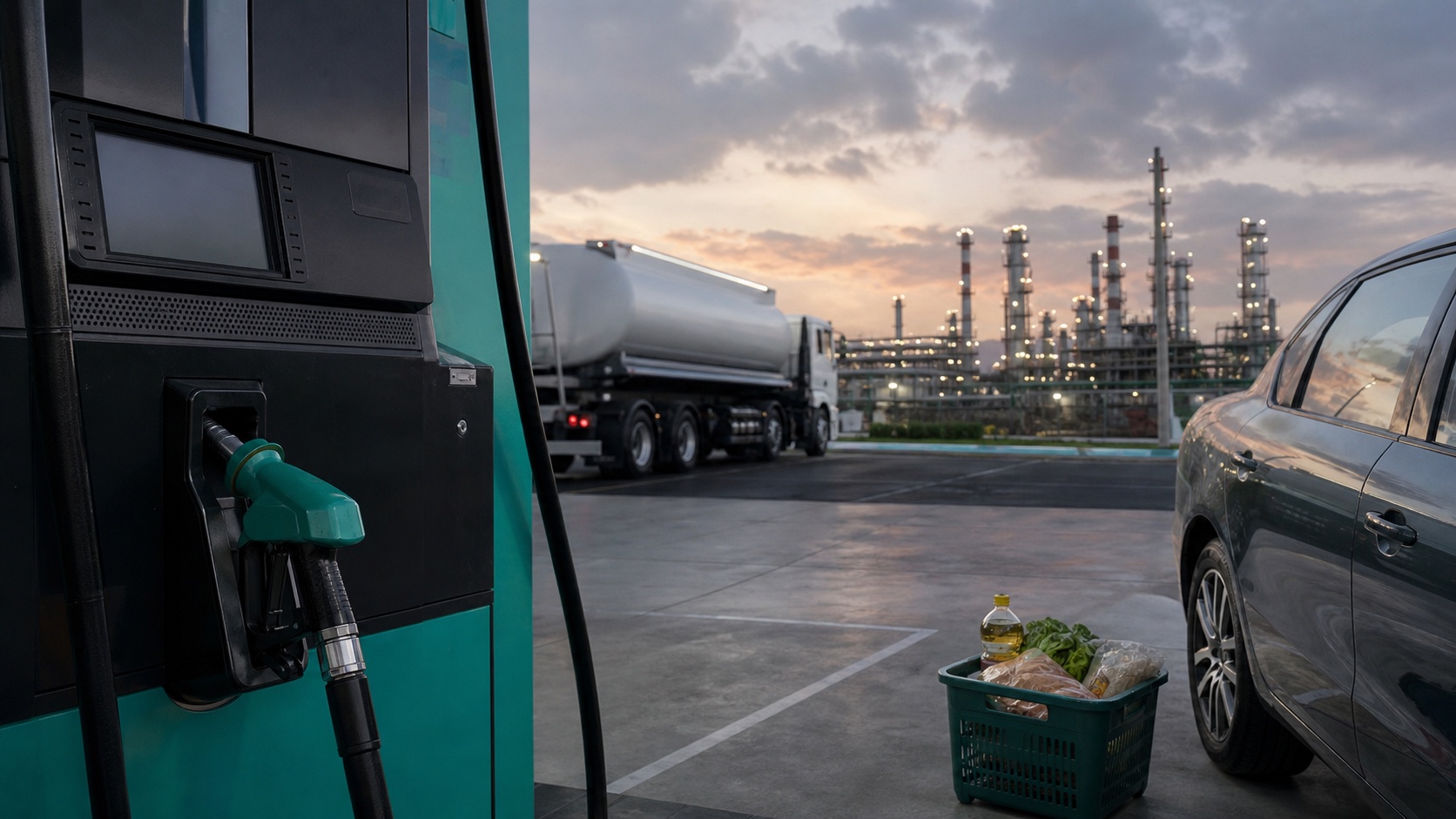 Blank fuel pump beside a family car, grocery basket, tanker and refinery in Malaysia
