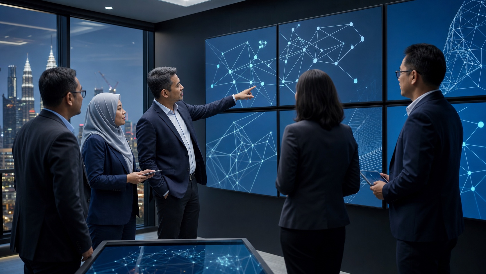 Fictional Malaysian digital-sector leaders reviewing abstract network infrastructure displays