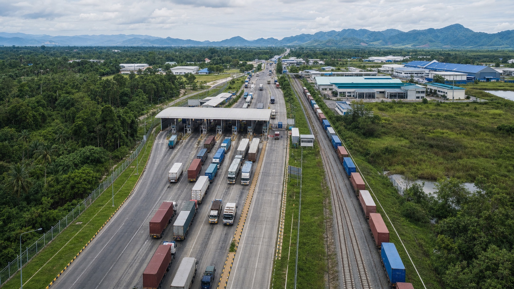 Aerial view of freight trucks, rail and warehouses at a tropical cross-border logistics corridor