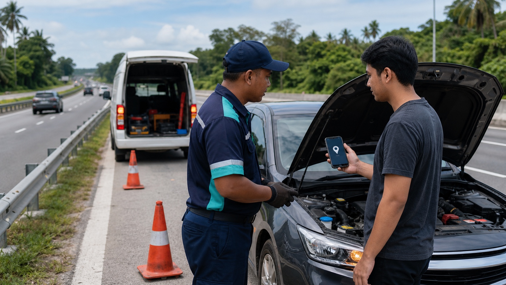 Roadside-assistance technician safely helping a stranded driver on a Malaysian highway